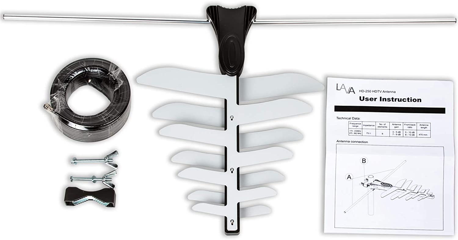 LAVA HD-250 Outdoor HDTV Antenna - 50 Mile Range - No Power Needed - UHF/VHF